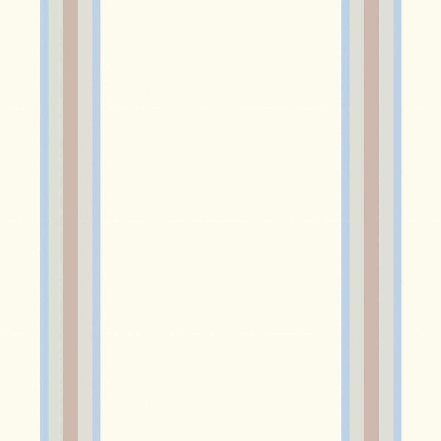 Gros plan de l'impression sur la bande taupe encadrée de deux filets bleu ciel.