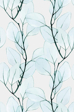 Le décor à plat : feuilles rondes bleu-vert translucides sur branches presque noires, fond blanc à peine grisé.