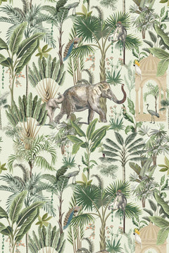 Palmiers, éléphant, singes et grues en vert grisé sur fond vert d'eau très clair.