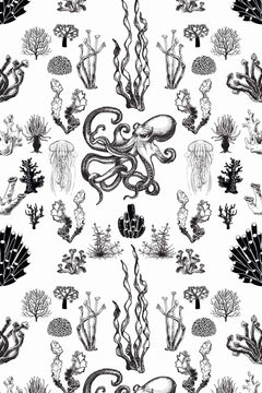 Le décor à plat : poulpe central, méduses, hippocampes, coraux et algues gravés en noir sur fond blanc.
