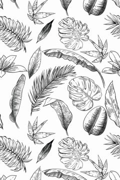Le motif à plat : monstera, palmes et feuilles de bananier hachurés à l'encre noire sur fond blanc.