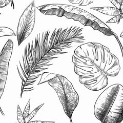 Gros plan de l'impression sur une feuille de monstera, hachures noires serrées et nervures dessinées.