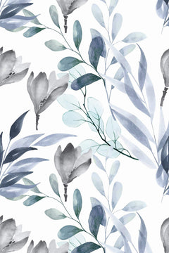Le décor à plat : branchages et fleurs de magnolia à l'aquarelle, en bleu ardoise, gris et vert d'eau sur fond blanc.