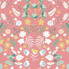 Gros plan sur l'impression : le contour net d'une fleur blanche et le rose corail du fond.