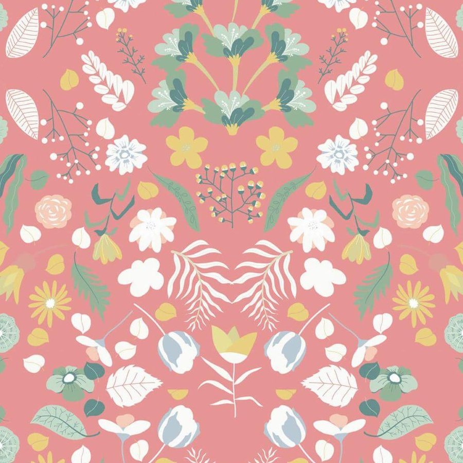 Gros plan sur l'impression : le contour net d'une fleur blanche et le rose corail du fond.