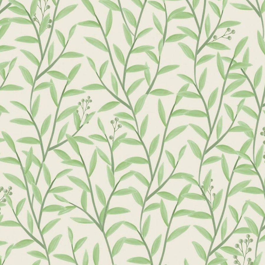 Gros plan de l'impression : la trace du pinceau dans une feuille verte et les bourgeons en grappe au sommet d'une tige.
