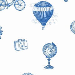 Gros plan de l'impression : les hachures bleues qui dessinent le volume d'une montgolfière rayée et sa nacelle.