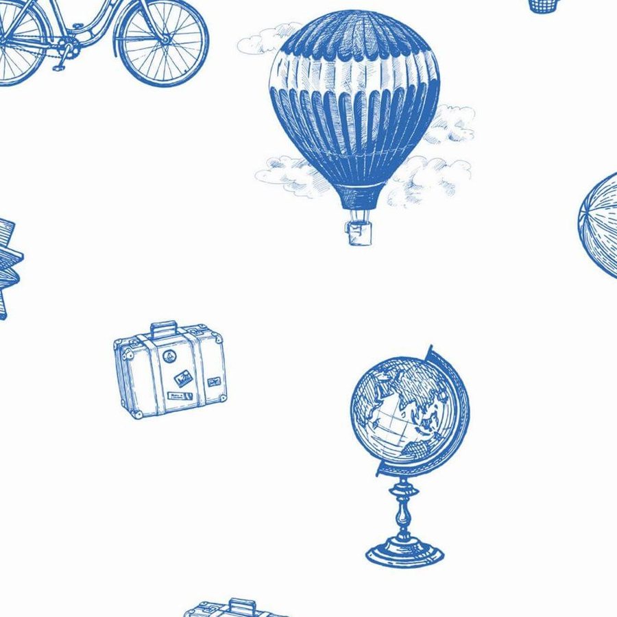 Gros plan de l'impression : les hachures bleues qui dessinent le volume d'une montgolfière rayée et sa nacelle.