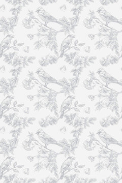 Le décor à plat : oiseaux perchés sur des branches fleuries et papillons, dessinés au trait gris clair sur fond blanc.
