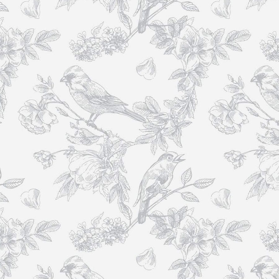 Gros plan de l'impression : hachures fines formant le plumage d'un oiseau et les pétales d'une fleur, en gris sur blanc.