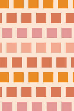 Décor à plat : bandes horizontales de petits carrés ambre, terre cuite, rose ancien et pêche pâle sur fond crème rosé.