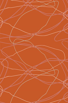 Le décor à plat : lignes fines rose poudré et blanc cassé bouclant sur un fond terre cuite orangé.