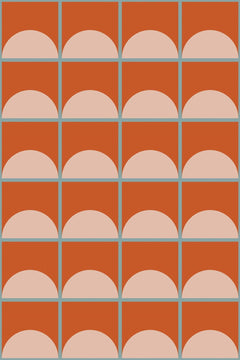 Décor à plat : grille de carrés terre cuite cernés de traits gris-vert, chacun rempli d'une demi-lune rose grège.