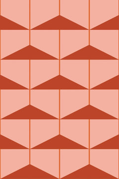 Décor à plat : panneaux rose pêche cernés de lignes orange, séparés par des bandes rouge brique à grands triangles pointés vers le haut.