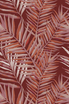 Motif à plat : frondes de palmier rose poudré, corail et saumon entrelacées sur fond rouge brique