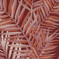 Gros plan sur l'impression : les folioles fines d'une palme et le dégradé du corail vers le rose pâle