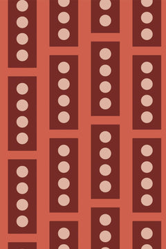 Décor à plat : colonnes décalées de rectangles rouge brique portant chacun quatre pois rose poudré, sur fond corail.