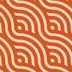 Gros plan de l'impression : croisement de deux bandes rose pâle et arrondi d'une courbe sur l'aplat orange.