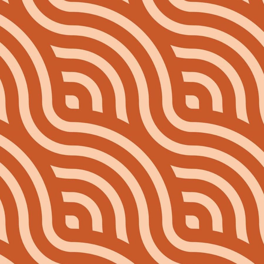 Gros plan de l'impression : croisement de deux bandes rose pâle et arrondi d'une courbe sur l'aplat orange.