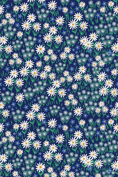 Le décor à plat : des marguerites blanches à cœur jaune et des tiges vertes serrées sur fond bleu marine.