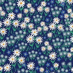 Gros plan sur l'impression : les pétales blancs d'une marguerite et le bleu marine visible entre les tiges.