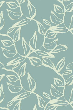 Motif de grandes feuilles crème peintes au pinceau sur fond vert d'eau grisé, vu à plat
