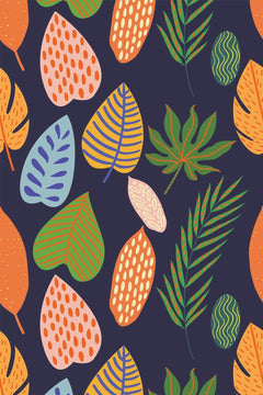 Le décor à plat : feuilles corail, jaunes, vertes et ocre détourées sur un fond bleu marine presque noir