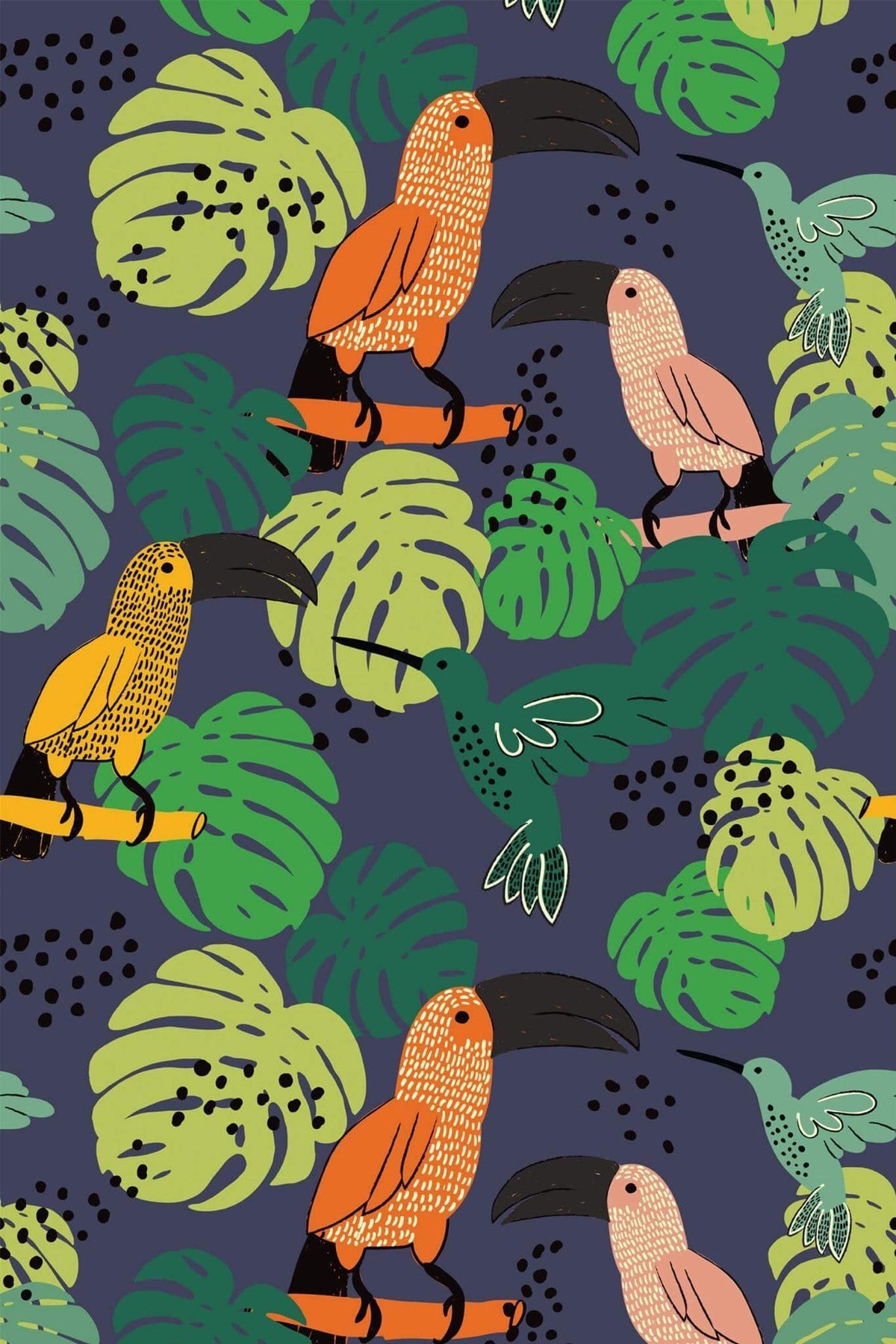 Toucans et Colibris Bleu Nuit, le motif seul