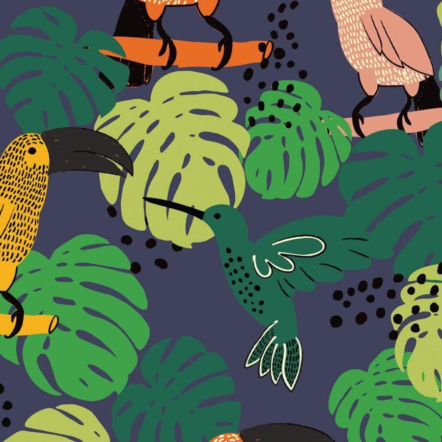 Gros plan de l'impression : hachures claires sur le plumage d'un toucan, bec noir et semis de points sur le fond sombre
