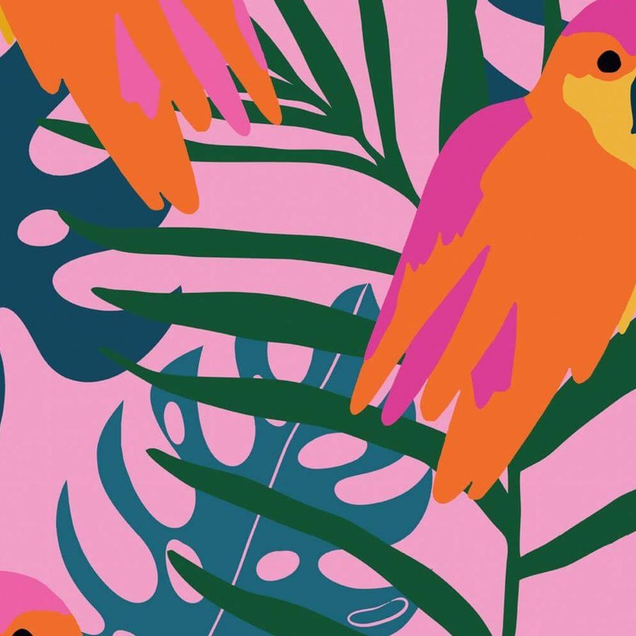 Gros plan de l'impression : aplats nets de rose et d'orange, traits fins des plumes et bord franc d'une palme verte