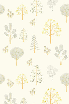 Motif à plat : petits arbres jaune paille, sapins pointillés et bouquets gris sur fond ivoire