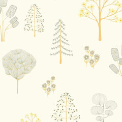 Gros plan sur l'impression : les petits traits d'une fleur jaune et le tronc ocre