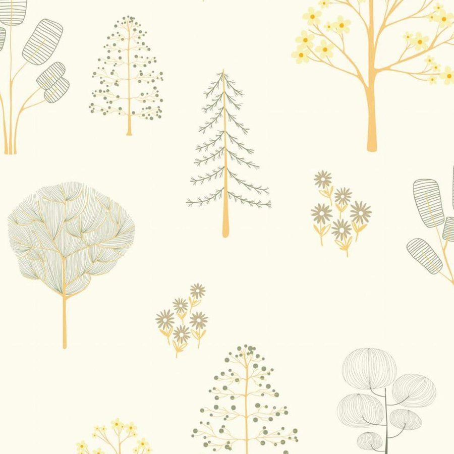 Gros plan sur l'impression : les petits traits d'une fleur jaune et le tronc ocre
