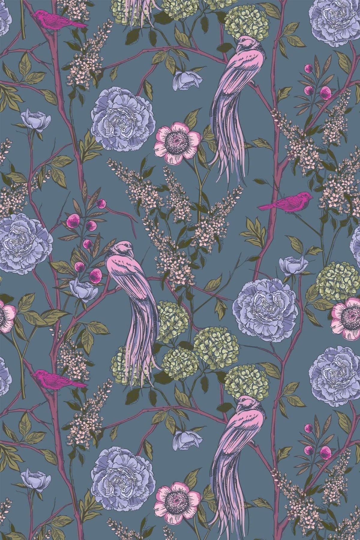 Pivoines aux Oiseaux Bleu Ardoise, le motif seul