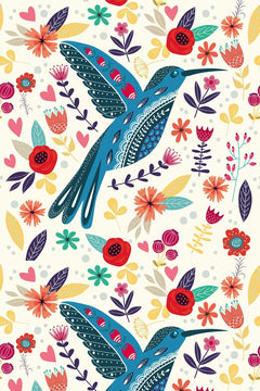 Le décor à plat : un colibri bleu pétrole entouré de coquelicots rouges et de fleurs jaunes sur fond ivoire.