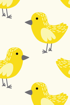 Le décor à plat : de grands oiseaux jaunes au bec et aux pattes gris, sur un fond blanc crème.
