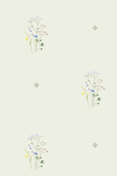 Le décor à plat : de petits bouquets de fleurs sauvages aquarelle très espacés sur un fond vert pâle.