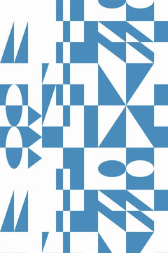 Le décor à plat : triangles, demi-disques, ovales et damiers bleus disposés sur un fond blanc.