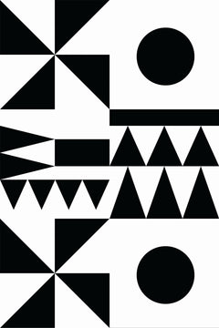 Le décor à plat : triangles, disques et moulins noirs posés sur un fond blanc.