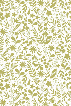 Le décor à plat : semis dense de petites fleurs et feuillages en silhouette vert olive sur fond blanc.