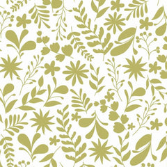 Gros plan de l'impression : une marguerite et une fronde de fougère en aplat vert olive, bords nets, sur le blanc du fond.