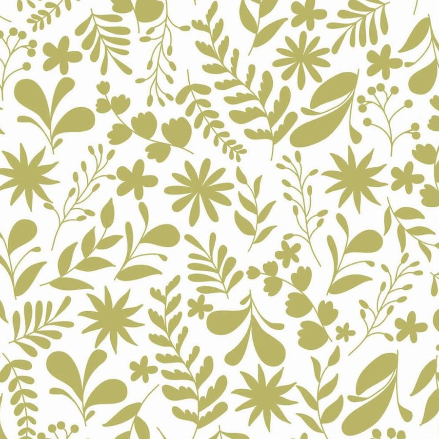 Gros plan de l'impression : une marguerite et une fronde de fougère en aplat vert olive, bords nets, sur le blanc du fond.