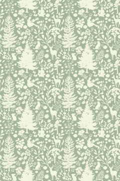 Motif de forêt en silhouettes crème, sapins, fougères et animaux, sur fond vert sauge, vu à plat