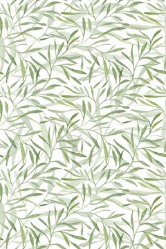 Le décor à plat : feuilles de saule vert sauge et vert olive, croisées sur fond blanc.