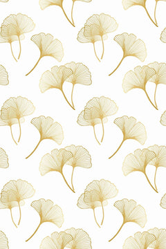 Le motif à plat : feuilles de ginkgo en éventail, tracées au trait doré sur fond blanc.