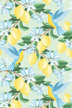 Le décor à plat : branches de citronnier aux fruits jaunes, feuilles vert franc, fleurs blanc bleuté et oiseaux turquoise sur fond vert amande.