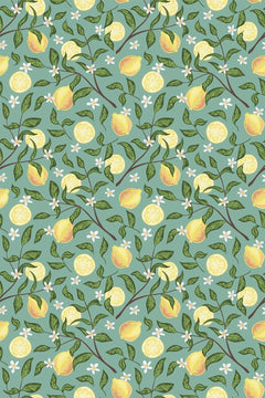 Le motif à plat : citrons jaunes, rondelles et fleurs blanches sur rameaux verts, fond vert d'eau.