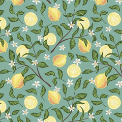 Gros plan de l'impression sur un citron, dégradé du jaune à l'orangé et nervures des feuilles.