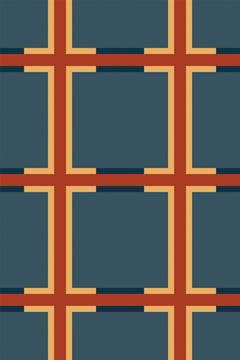 Le décor à plat : grille de larges bandes terracotta soulignées de jaune sable sur un fond bleu canard grisé.