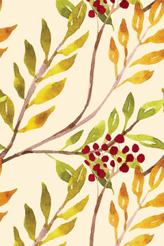 Motif à plat : branches à feuilles dorées et vertes et grappes de baies rouges sur fond crème.